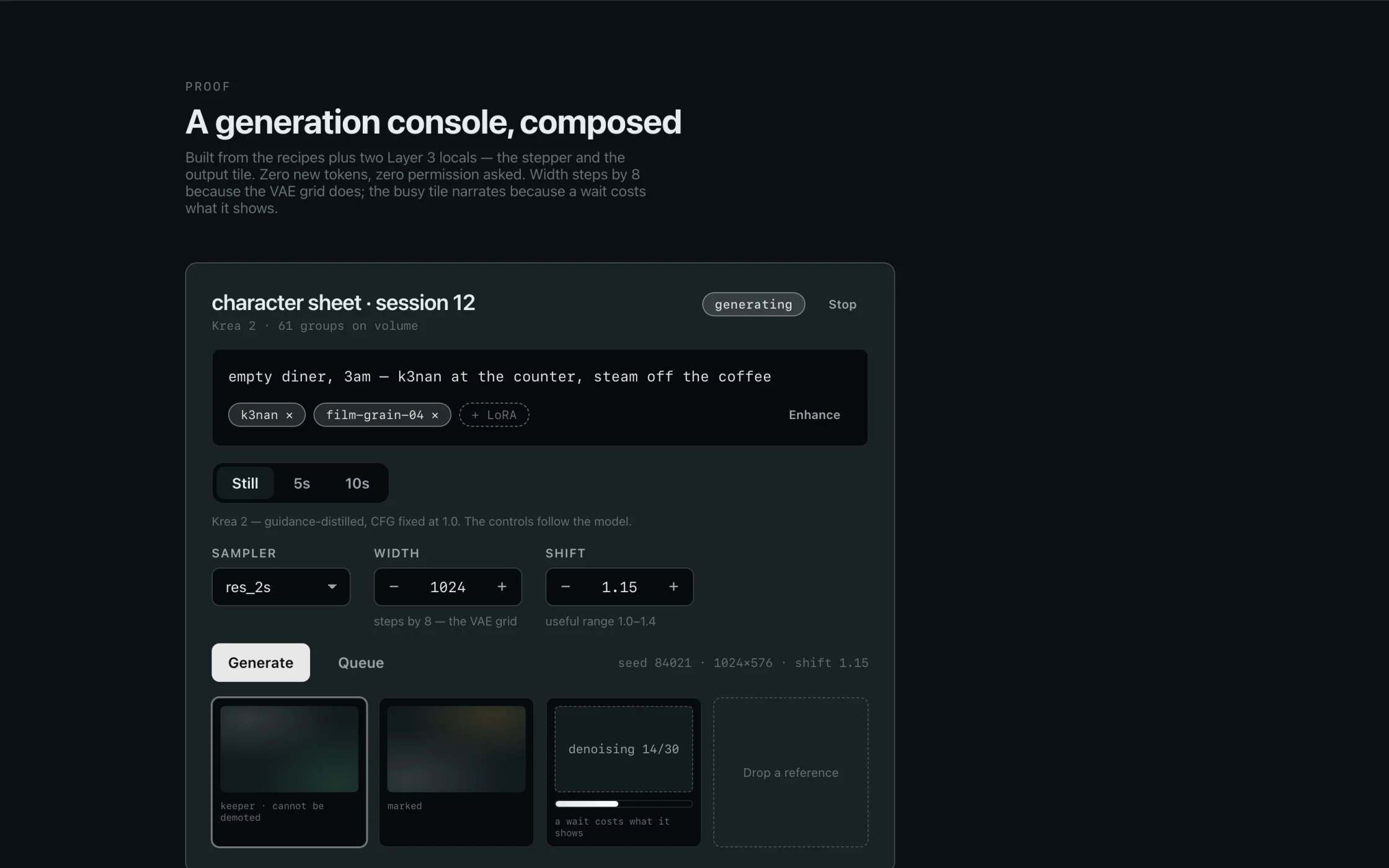 A generation console: a filled prompt with LoRA chips, duration tabs, sampler, width and shift steppers, a Generate button and four result tiles