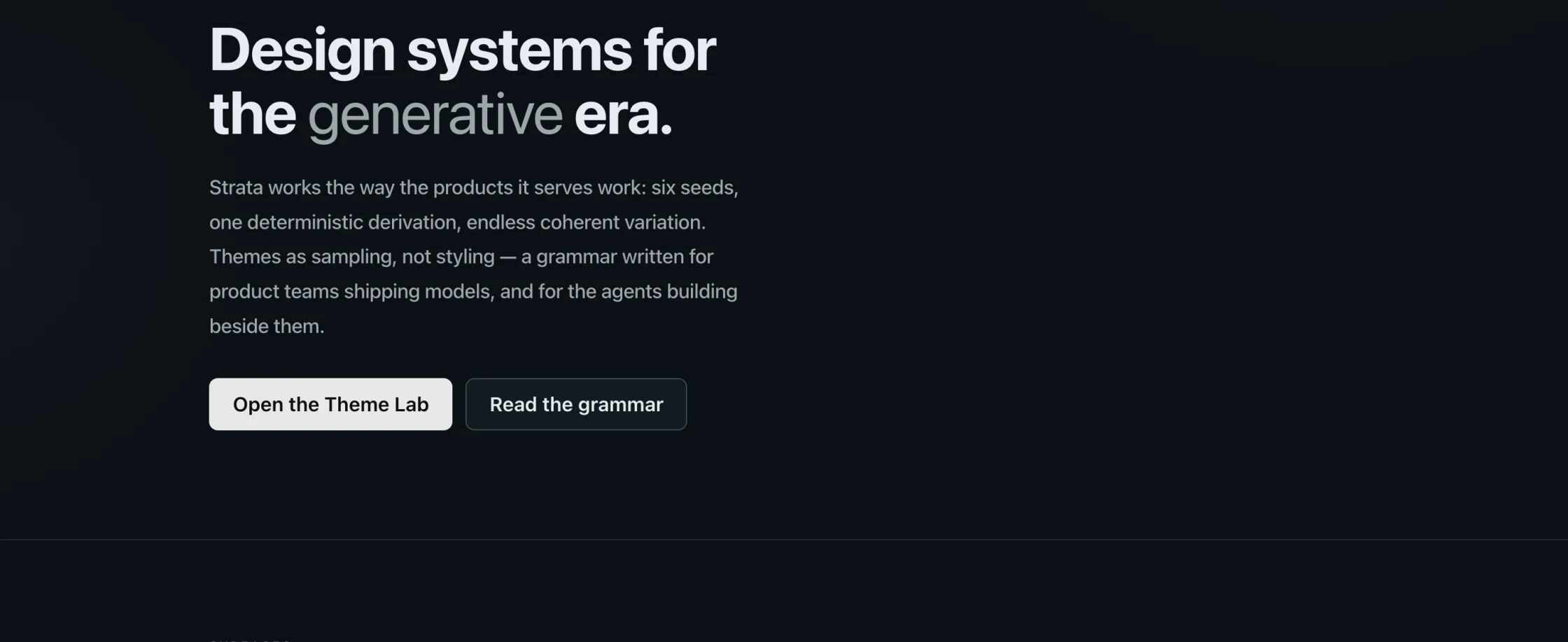 The Strata site: a dark page reading Design systems for the generative era, with navigation to the theme lab, console, grammar, record and reference