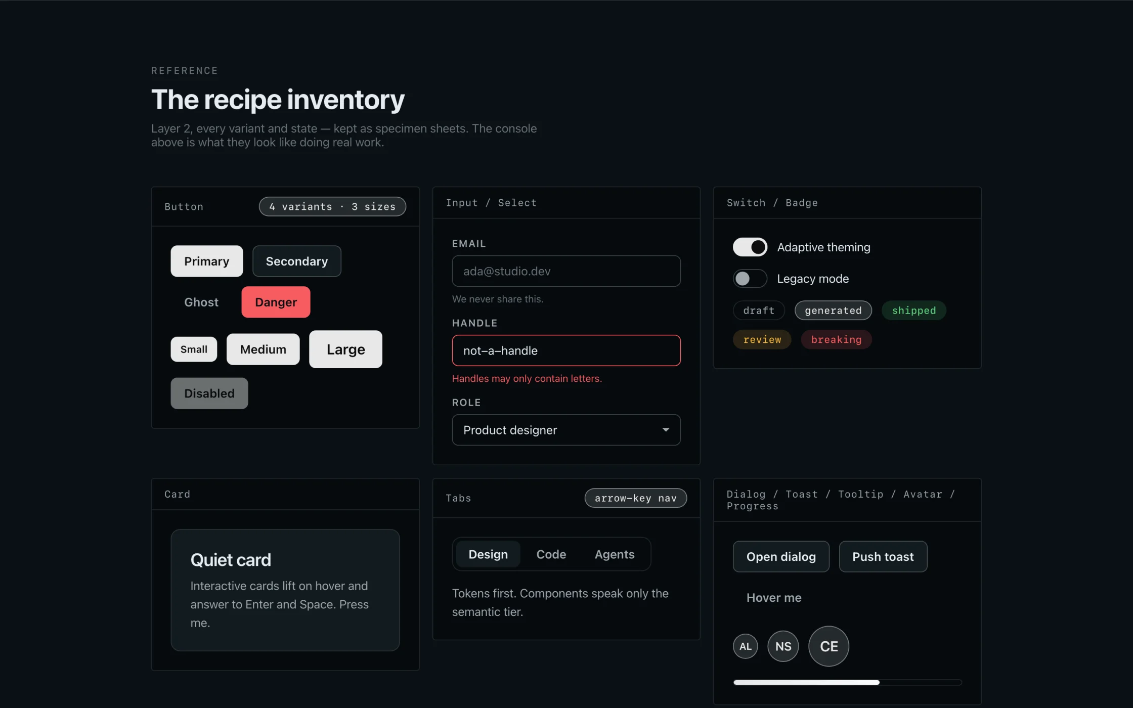 Component specimen sheets: button variants and sizes, an input with a validation error, switches and status badges, a card, tabs, and a dialog row