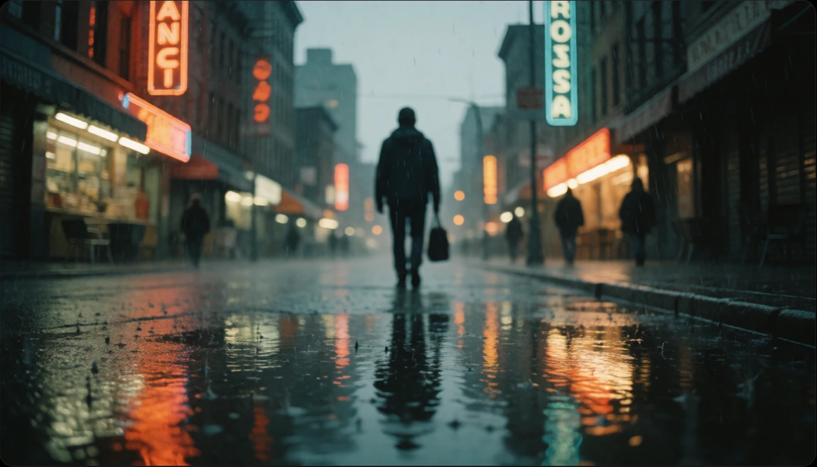 The canvas: a wide cinematic frame of a lone figure walking a rain-slicked street at dusk, neon reflected in the puddles