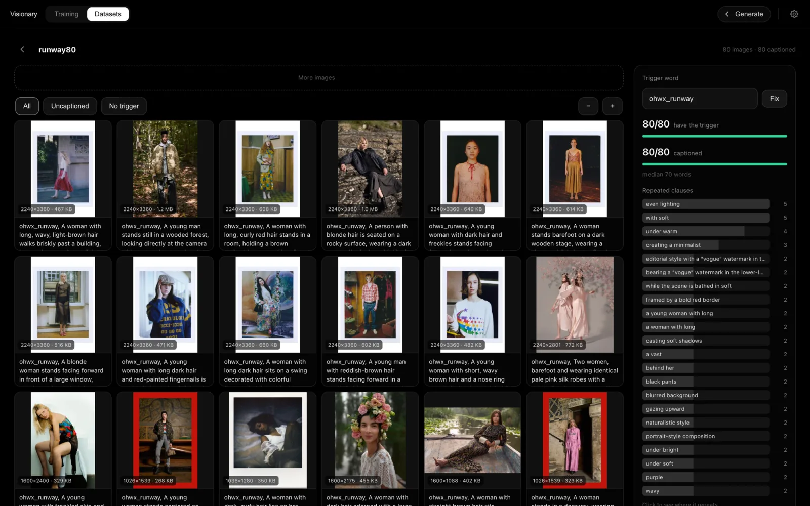 Visionary's dataset view: a grid of 80 captioned runway photographs, with a panel showing the trigger word, coverage bars reading 80 of 80, a median caption length of 70 words, and a ranked list of repeated clauses