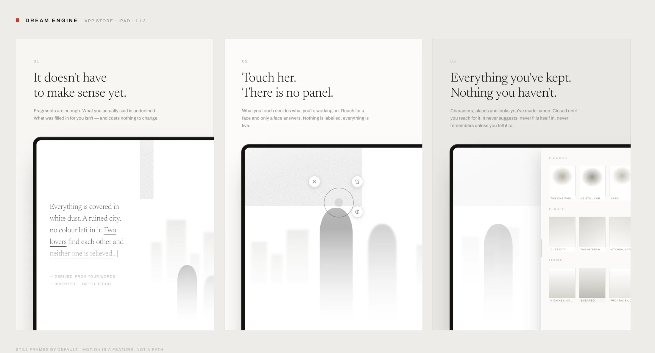 Three App Store style panels for a concept iPad app called Dream Engine: a typed fragment with some words underlined as the user's own, a figure on a canvas with no visible panel, and a drawer of saved characters, places and looks
