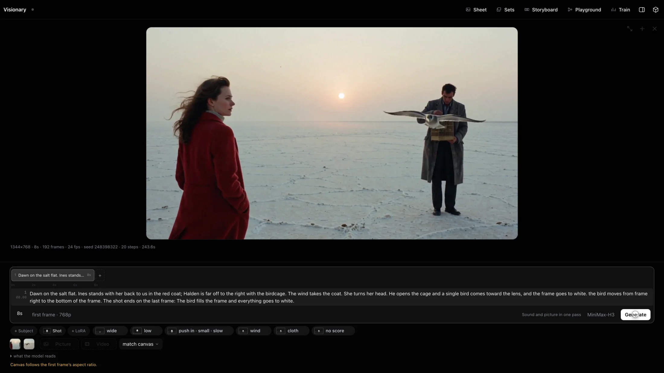 The workspace on a video model: the salt flat two-shot plays in the canvas while a gull crosses the frame; below it the direction, a first-frame thumbnail and the pills the model reads