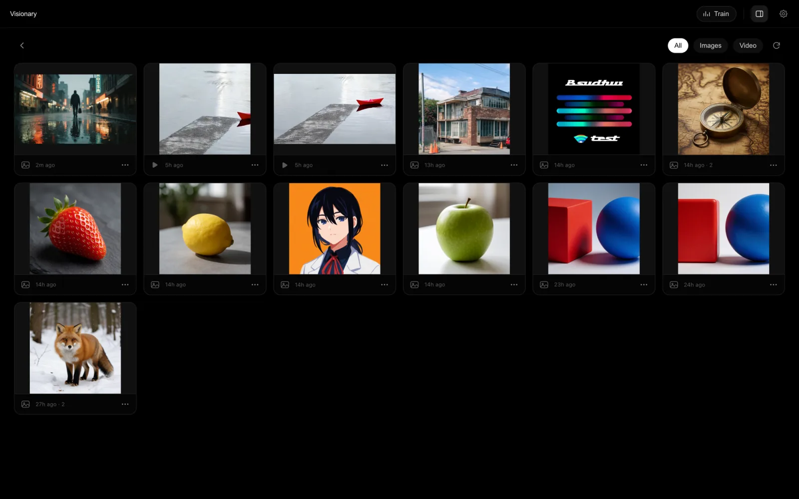 The gallery view: a grid of generated stills and video clips with relative timestamps