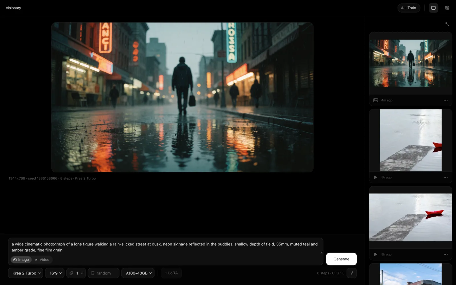 The generate view: a wide cinematic image of a figure on a rain-slicked street fills the canvas, with the prompt field and a single row of controls beneath it and a results rail on the right