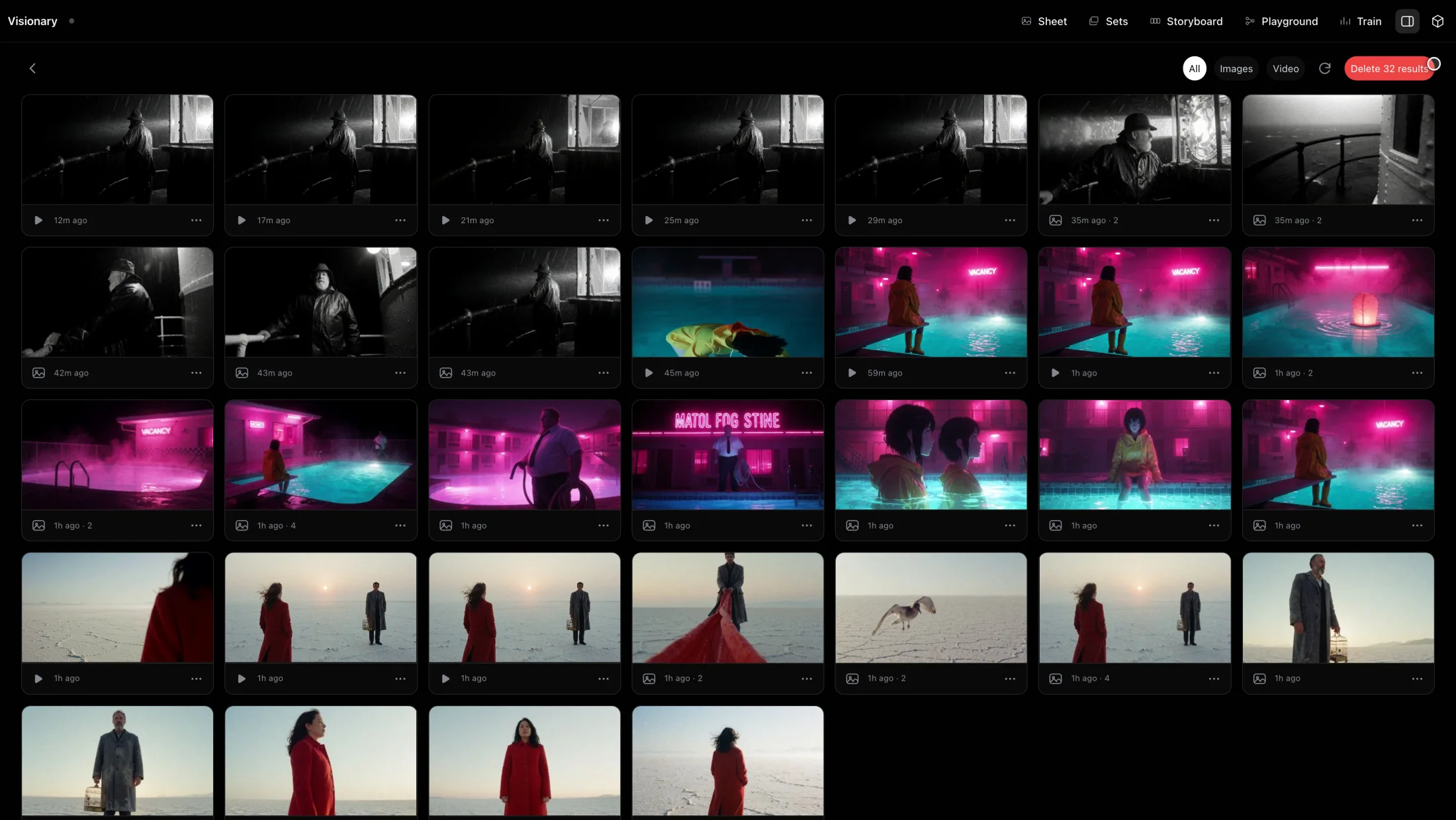 The gallery: a grid of thumbnails from three shoots — a lighthouse keeper in black and white, a neon-lit motel pool, and figures on a white salt flat — stills and clips together