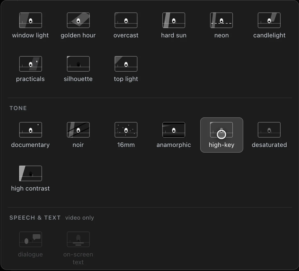 The shot palette, open: rows of small animated tiles labelled window light, golden hour, overcast, hard sun, neon, candlelight, practicals, silhouette, top light, then documentary, noir, 16mm, anamorphic, high-key, desaturated, high contrast