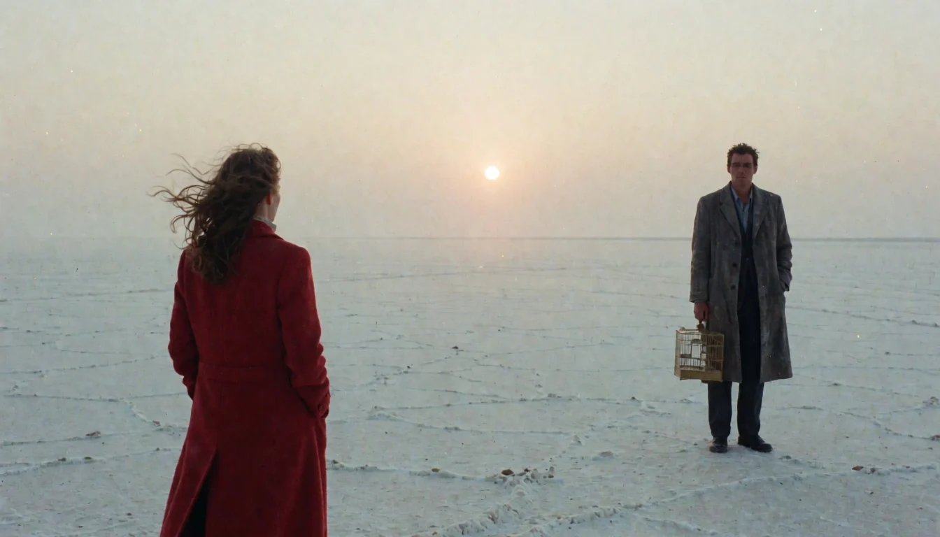 A render made in the studio: a woman in a long red coat and a man holding a birdcage stand apart on a white salt flat at dawn, a low sun between them