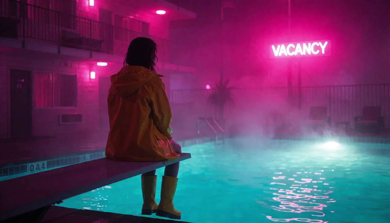 A render made in the studio: a figure in a yellow raincoat sits on a diving board over a turquoise pool at night, a pink neon VACANCY sign glowing on the motel behind