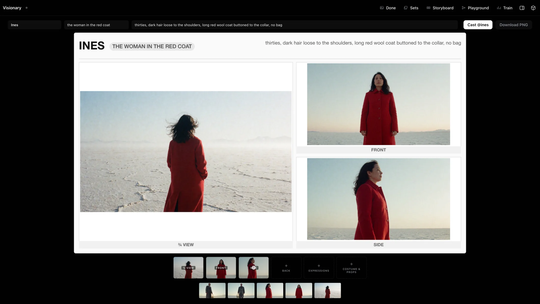 A white character sheet titled INES, the woman in the red coat: a three-quarter view, a front view and a side view, with a contact strip beneath and a Cast button