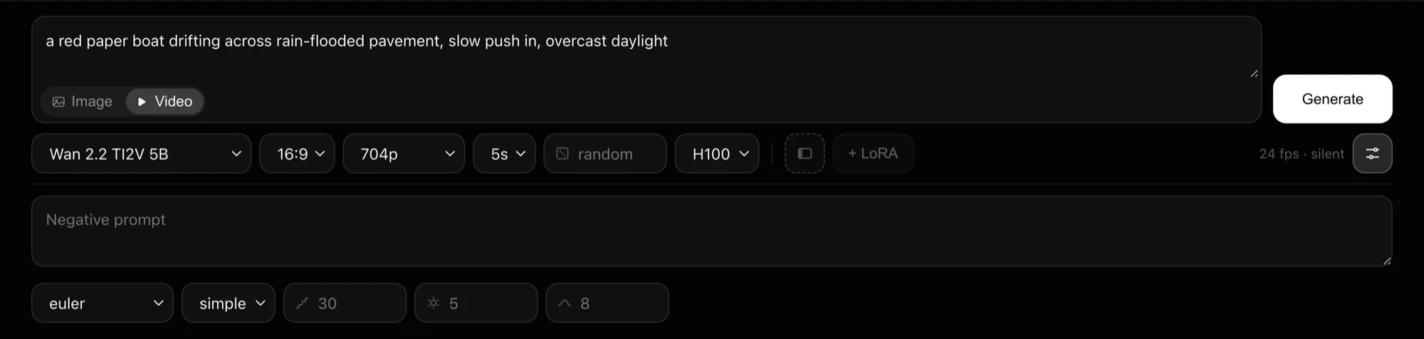 The deployed app's composer bar set to Wan 2.2 TI2V 5B: prompt, Image and Video chips, then model, aspect, resolution, length, seed, GPU, LoRA and a Generate button