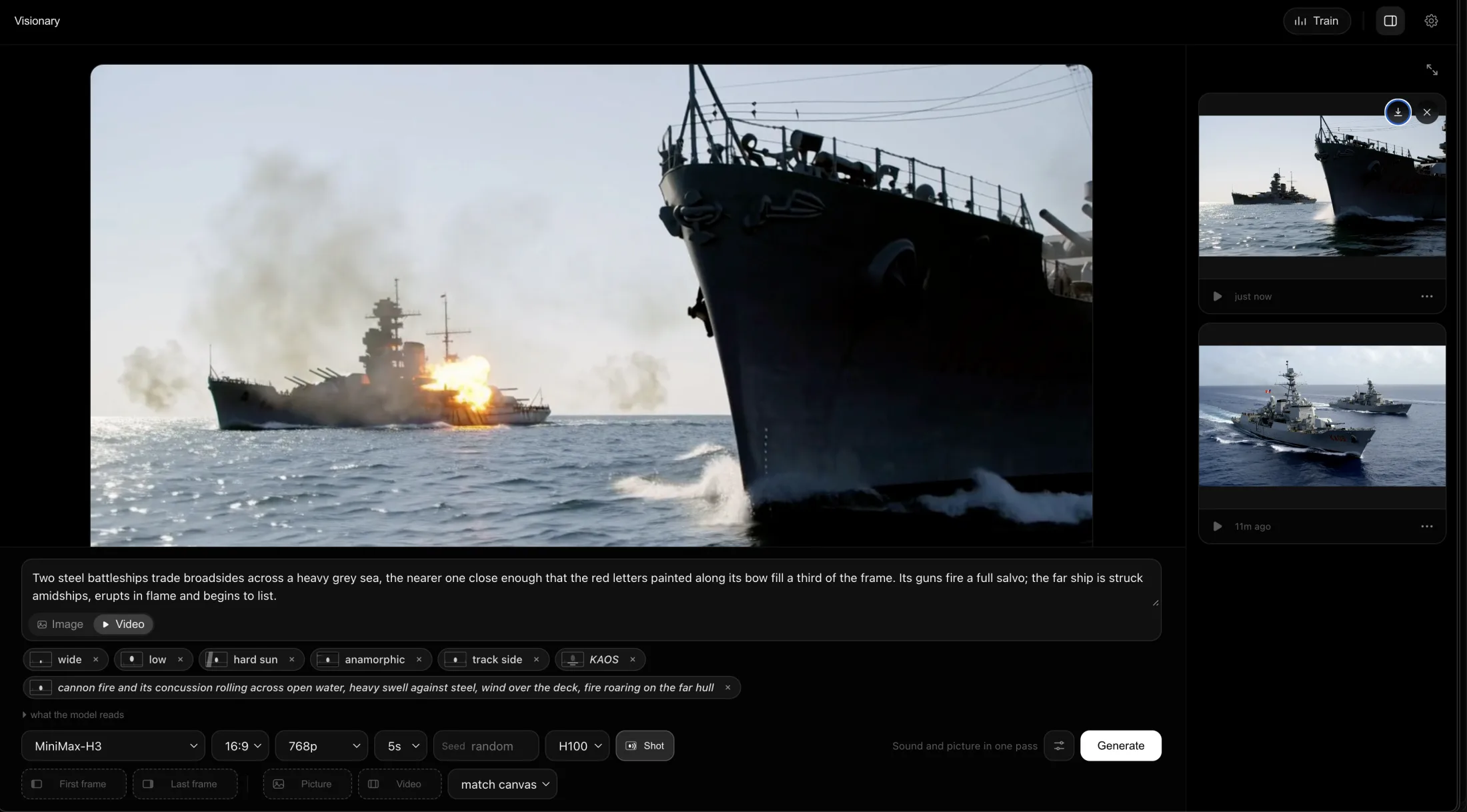 The workspace on a video model: a wide cinematic frame of two ships at sea, shot pills compiled beneath the prompt, and a results rail of clips on the right